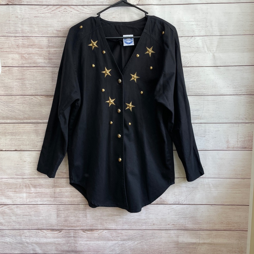 VINTAGE BINGO! BINGO! BLACK DENIM TOP WITH GOLD STUDS AND STARS‎